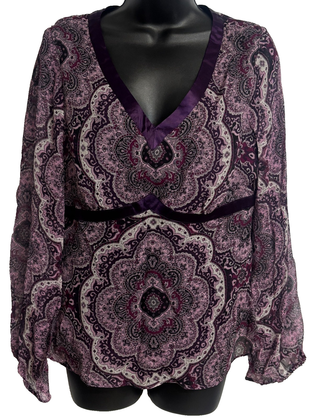 Charter Club Blouse 10 Women Purple Paisley Silk Sheer Satin Trim Boho Top New